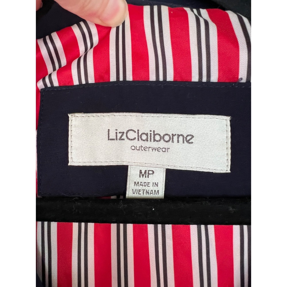 Liz Claiborne Red Hooded Anorak Jacket Navy Trim Nautical Medium Petite MP - Picture 2 of 7